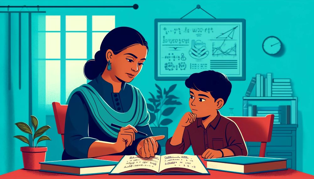 illustration of a mother explaining a complex concept to her Son