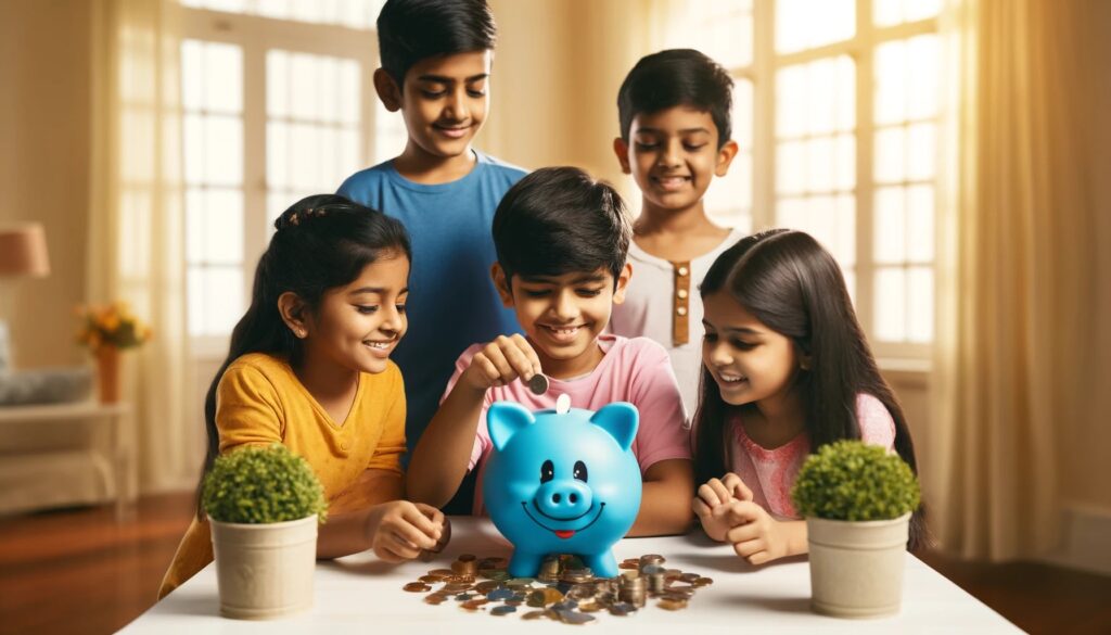 Indian children gathered around a colorful piggy bank