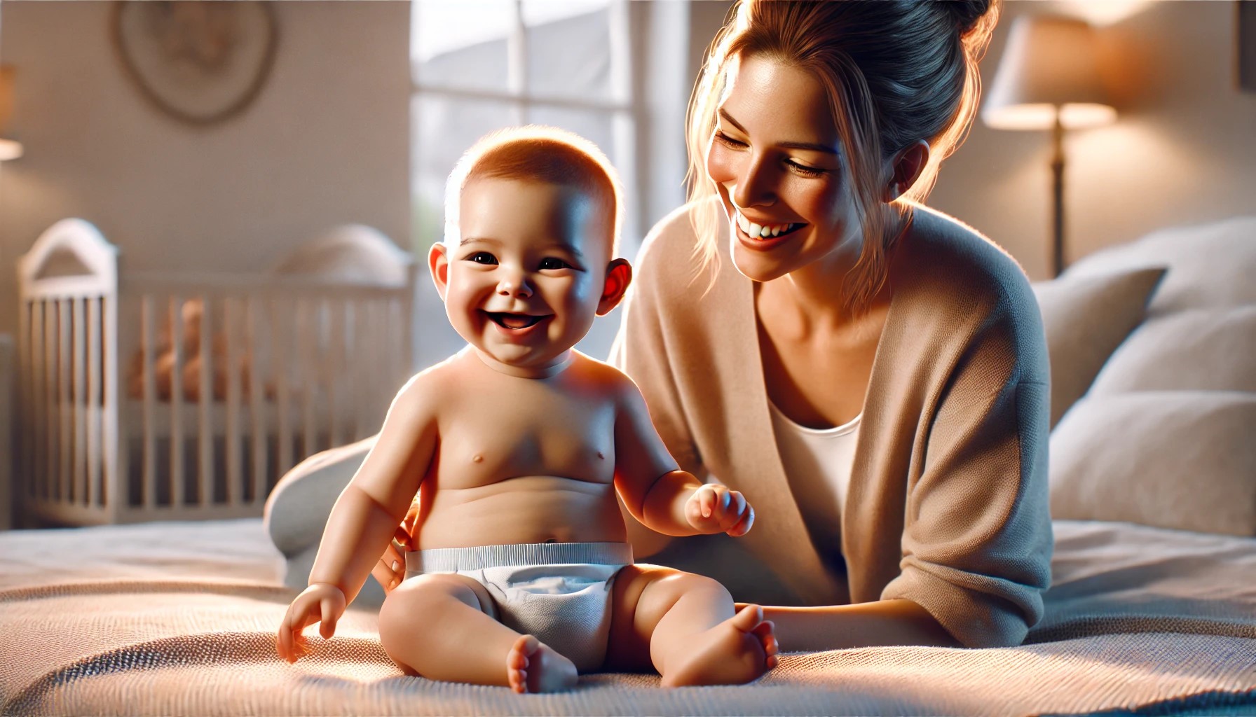 a woman smiling with a baby with diaper